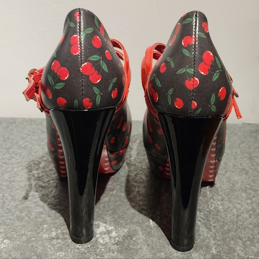 Retro Pin-Up Cherry Print Double Strap Heels by Banned Dancing Days - Picture 4 of 10